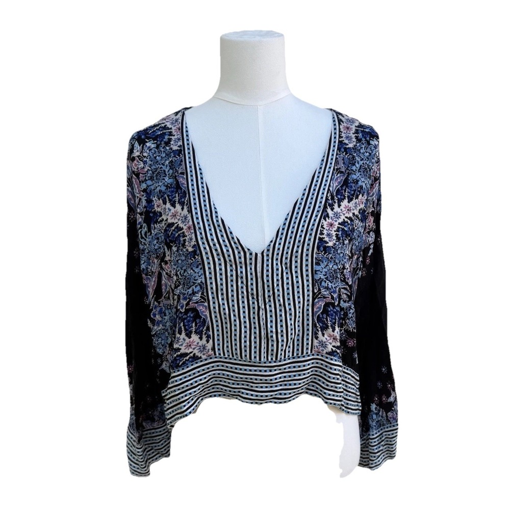 Free People Floral Mix V-Neck Boho Blouse in Blue and Black